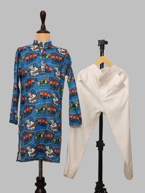 Super Man Kurta Set with White Trousers