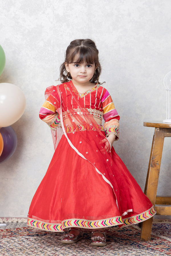 RED CHANDERI LEHENGA SET WITH COLOURFUL STRIP BLOUSE
