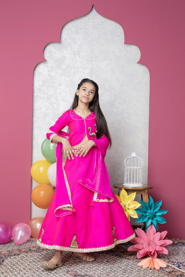 FLAMINGO AND DEER PINK LEHENGA SET