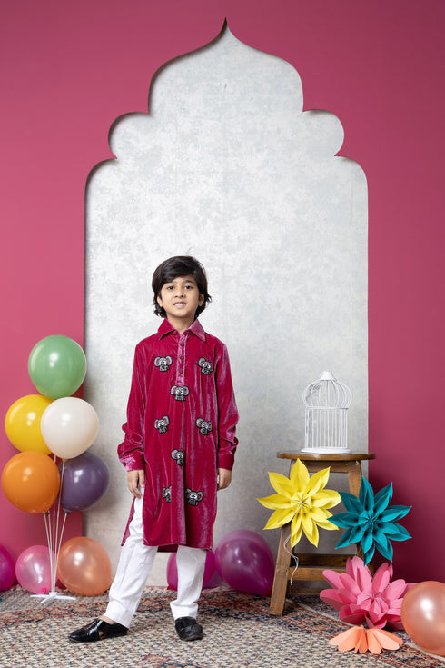 elephant red velvet kurta set