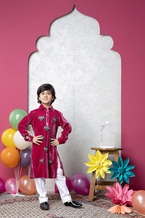 elephant red velvet kurta set