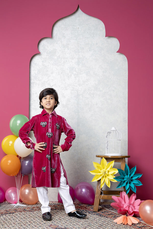 elephant red velvet kurta set
