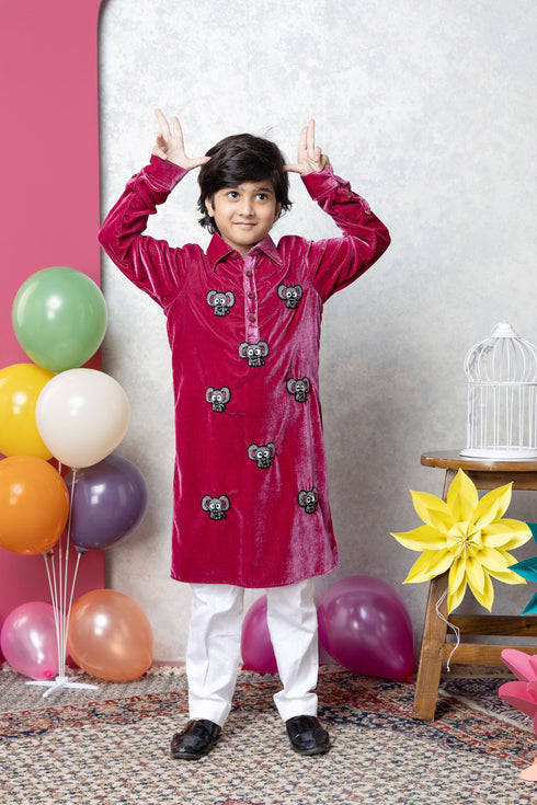 elephant red velvet kurta set