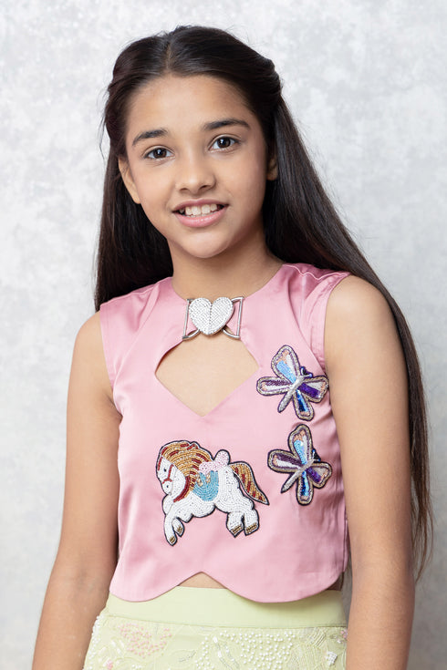 HORSE/BUTTERFLY TOP WITH BOTTLE GREEN SKIRT