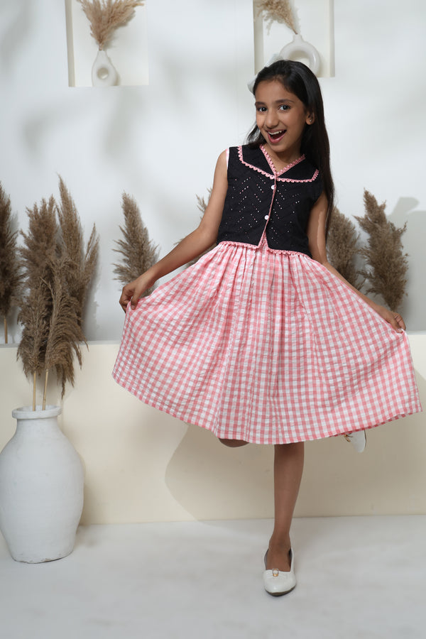 BKACK HALF SLEEVE JACKET WITH BARBIE PINK STRIPE DRESS