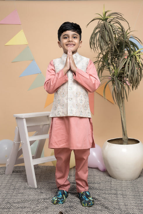 Peach Kurta Pyjama Set with Off White Nehru Jacket