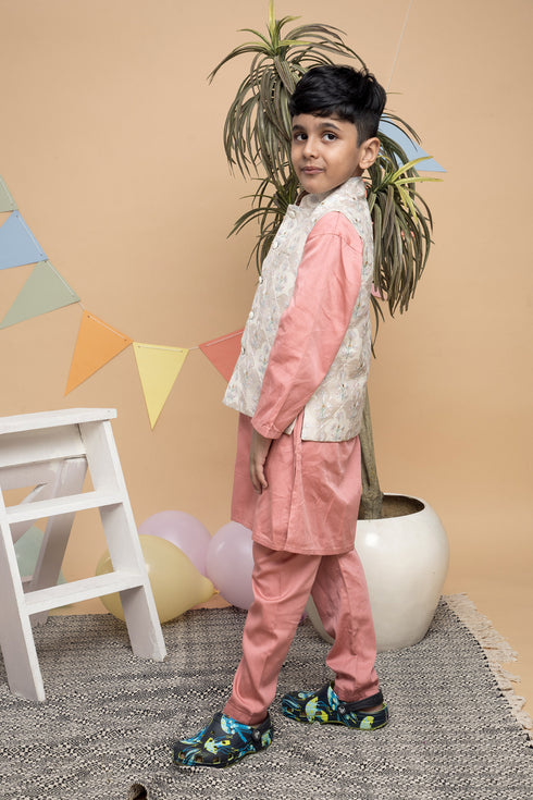 Peach Kurta Pyjama Set with Off White Nehru Jacket