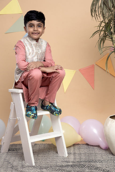 Peach Kurta Pyjama Set with Off White Nehru Jacket