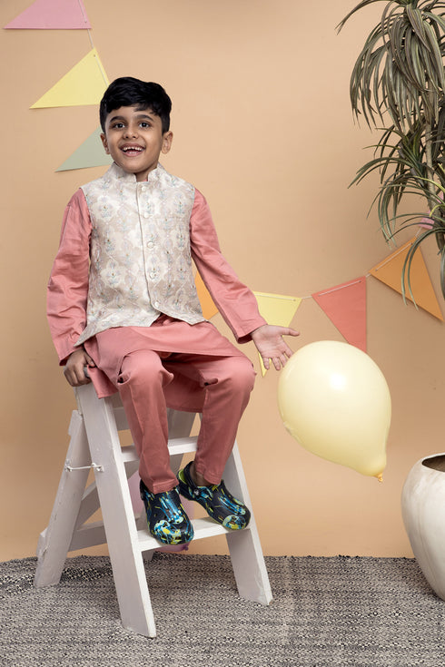 Peach Kurta Pyjama Set with Off White Nehru Jacket
