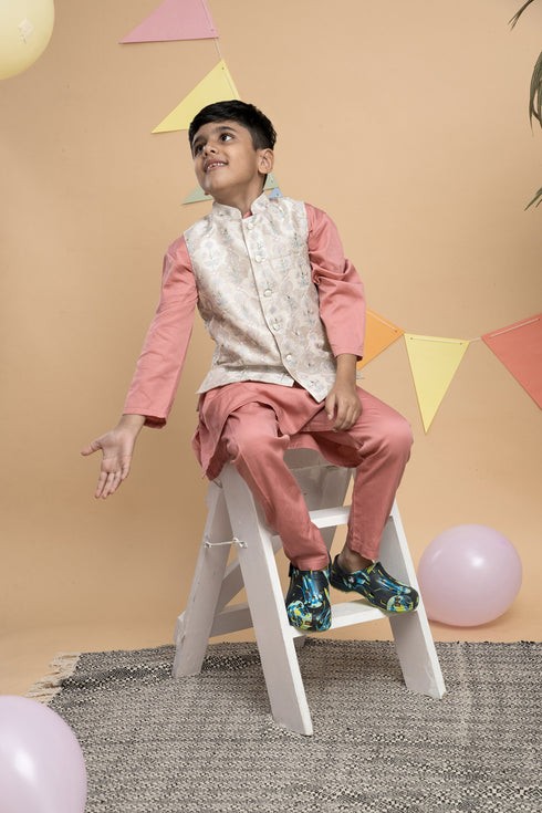 Peach Kurta Pyjama Set with Off White Nehru Jacket