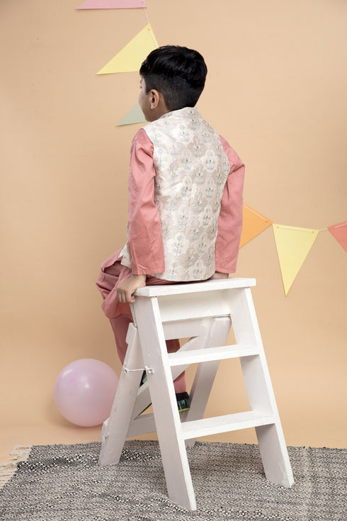 Peach Kurta Pyjama Set with Off White Nehru Jacket