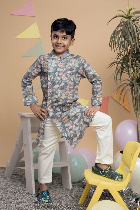 Printed Grey Kurta with White Trouser