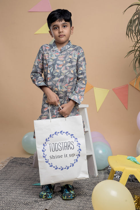 Printed Grey Kurta with White Trouser