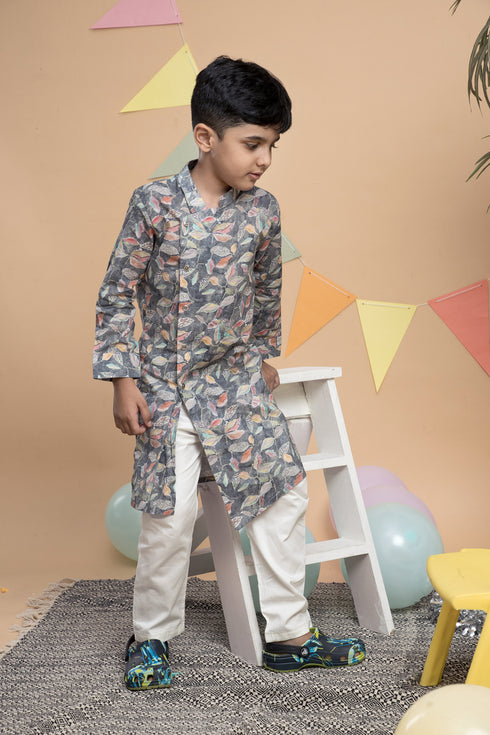 Printed Grey Kurta with White Trouser
