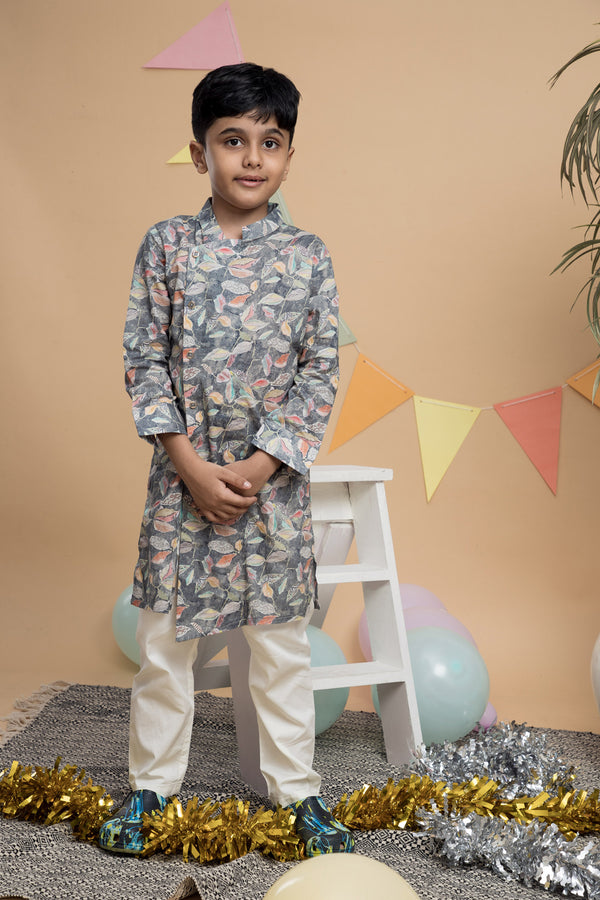 Printed Grey Kurta with White Trouser