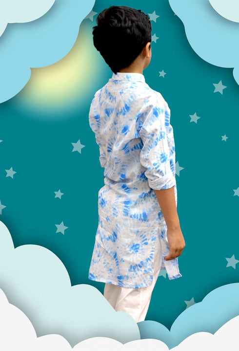 Blue Tie-Dye Printed Kurta with White Trousers
