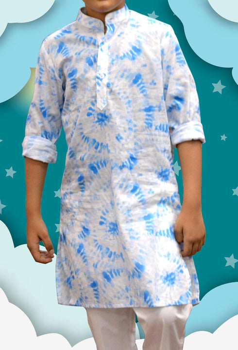 Blue Tie-Dye Printed Kurta with White Trousers